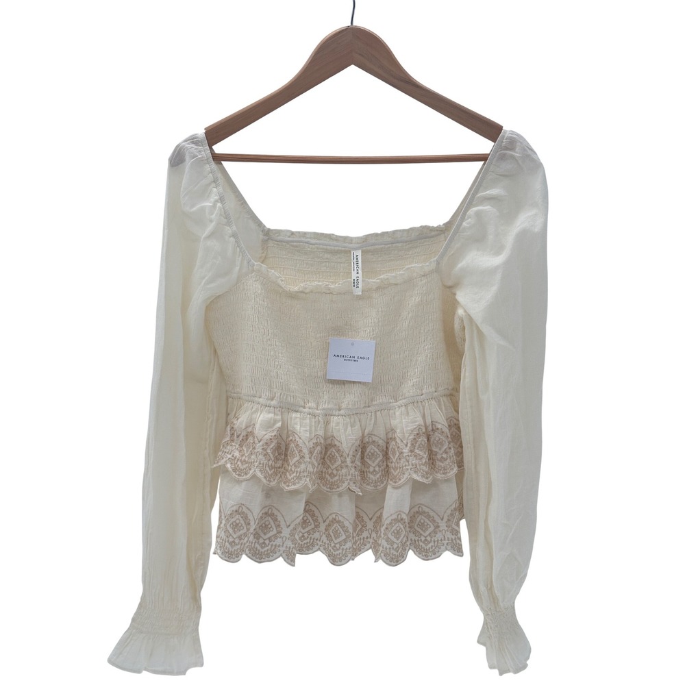 New American Eagle Top Boho Ruched Babydoll Y2K Women Medium Fairy Ruffled